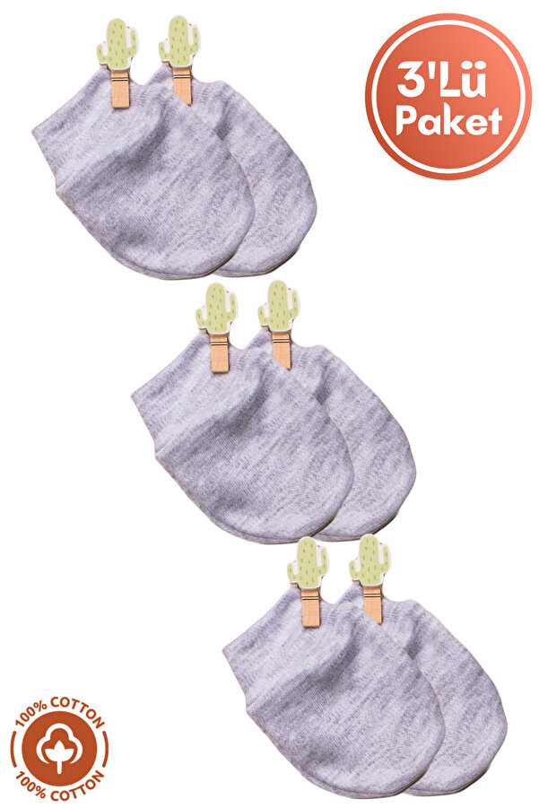 Miniel Unisex Bebek Yenidoğan Penye Organik Pamuklu Bebek Eldiveni 3 Çift Renkli Set