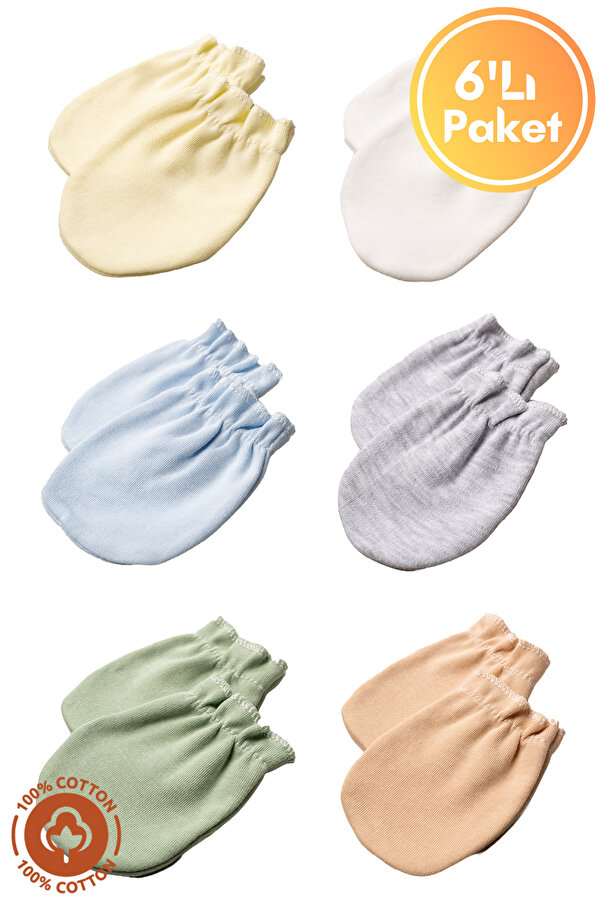 Miniel Unisex Bebek Yenidoğan Penye Organik Pamuklu Lastikli Bebek Eldiveni 6 Çift  Set