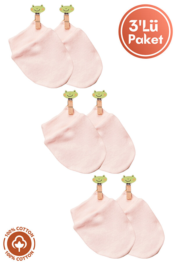 Miniel Unisex Bebek Yenidoğan Penye Organik Pamuklu Bebek Eldiveni 3 Çift Renkli Set