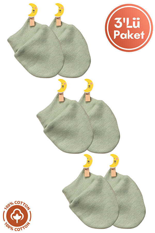 Miniel Unisex Bebek Yenidoğan Penye Organik Pamuklu Bebek Eldiveni 3 Çift Renkli Set