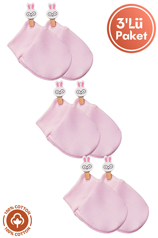 Miniel Unisex Bebek Yenidoğan Penye Organik Pamuklu Bebek Eldiveni 3 Çift Renkli Set