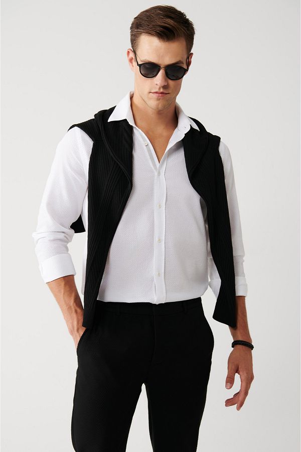 Avva-Men's White Classic Collar 100% Cotton Stripe Detailed Shirt A32Y2014 1