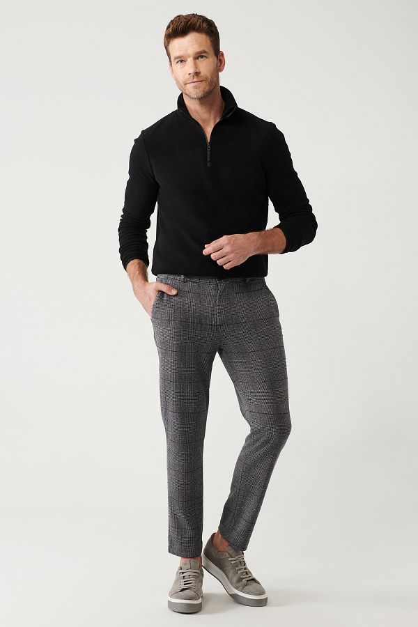 Avva-Men's Black Side Pocket Plaid Soft Button Knitted Chino Pants A32Y3075 1