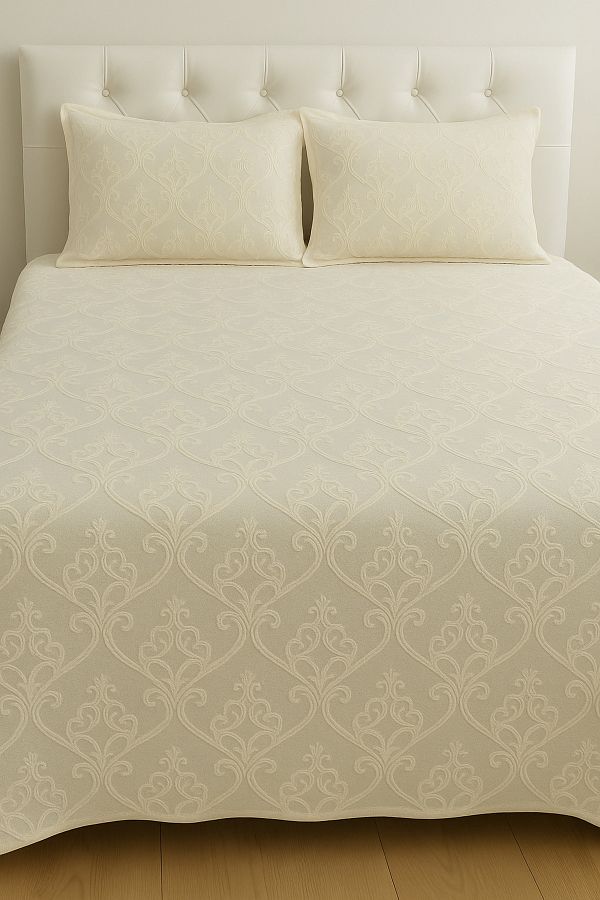 WorthWhile-Eliza Double Bedspread 240X260 |   Ecru Chenille Fabric, Textured Modern Pattern 1