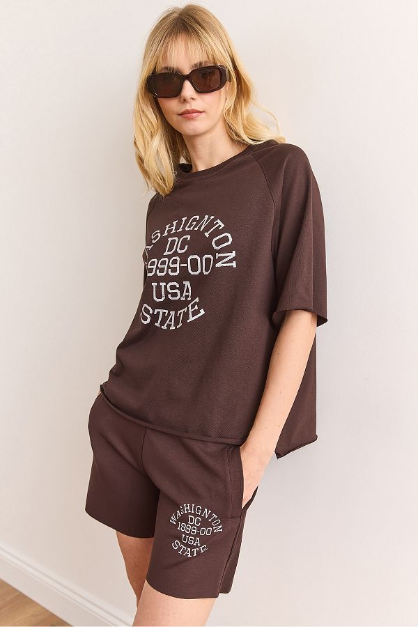Olalook-Women's Brown Printed Top Raglan Sleeve Bottom Pocket Shorts Cotton Tracksuit Suit Etkm-0000081 1