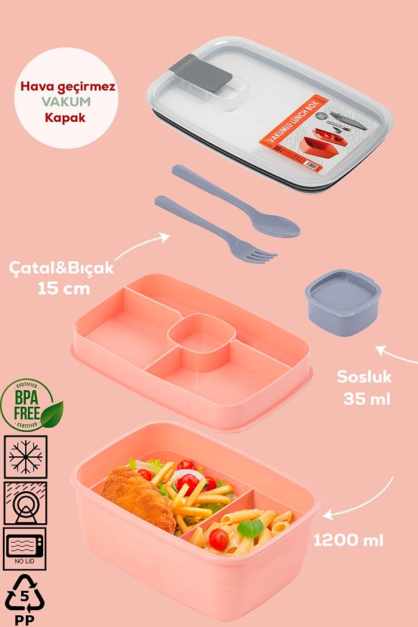Porsima-3193 Vacuum Self-Feeding Lunch Box with Spoon, Fork and Sauce Bowl - 2-Tier Lunch Box - Lunch Box 1