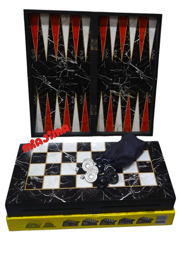 Miajima-Wooden Backgammon Set Marble Patterned Large Size Backgammon Set Model-011 1