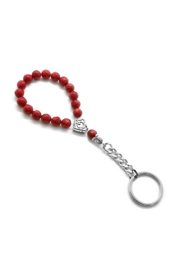 Tesbihane-Natural Stone Faceted Coral-Steel Combination Rosary Keychain 1