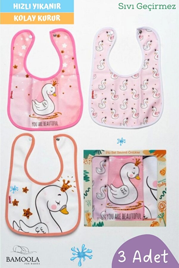 Bamoola 3 Adet Kuğu Desenli Bebek Mama ve Salya Önlüğü - (Sıvı Geçirmez - Microfiber - Çıtçıtlı)