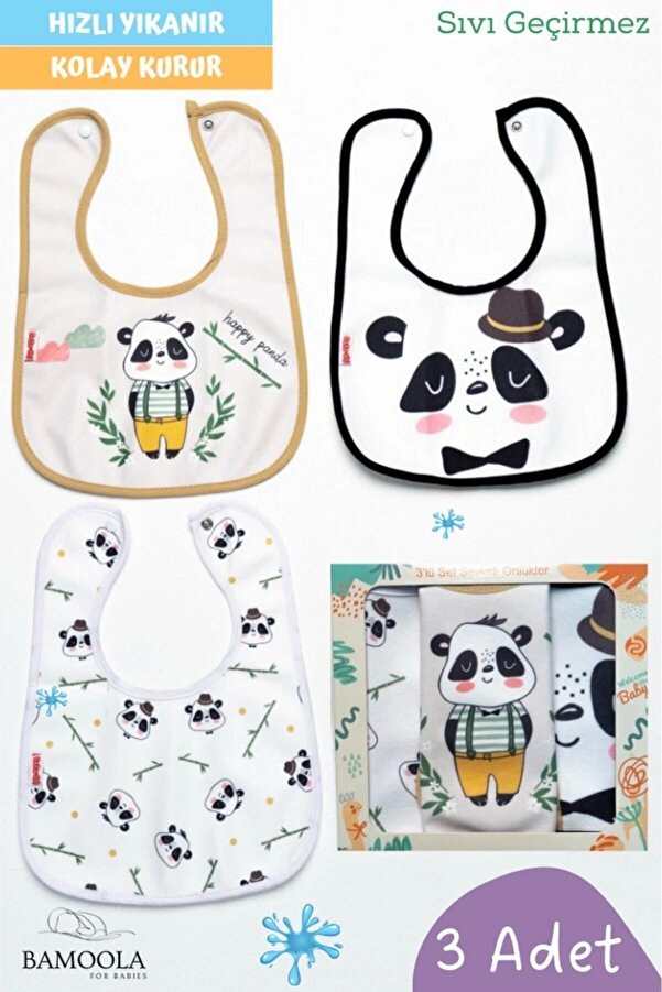 Bamoola 3 Adet Panda Desenli Bebek Mama ve Salya Önlüğü - (Sıvı Geçirmez - Microfiber - Çıtçıtlı)