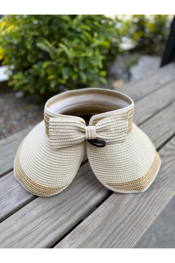 Axesoire-14764 Bow Open Top Beige Straw Visor Hat 1