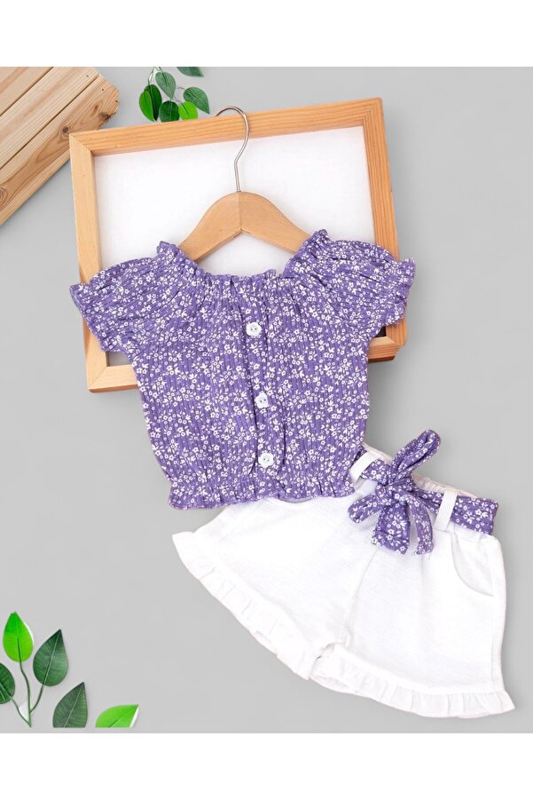 Ege Bebek Kız Çocuk Yazlık Interlok Fitilli Kumaş Çiçek Baskılı Müslin Şortlu Alt Üst Bebek Takımı