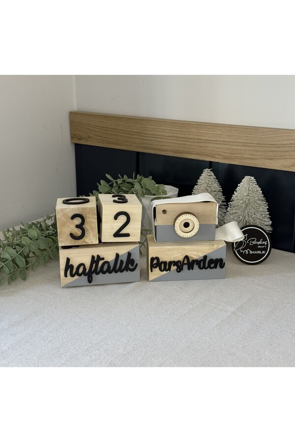 Baykuş Craft Mimarlık İsimli - 3 Boyutlu Bebek Ahşap Hatıra Küpü Anı Küpü Ahşap Oyuncak Fotoğraf Makinesi Seti/türkçe/gri