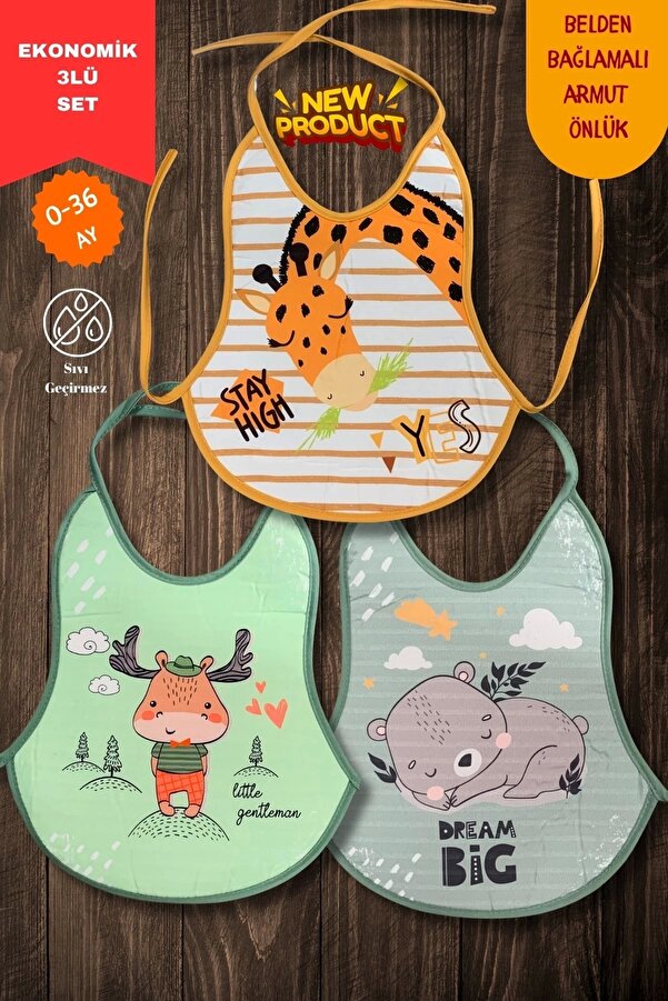 Bebechi 3'Lü Set Baskılı Ekonomik Sıvı Geçirmez Armut Önlük Mama ve Aktivite Önlüğü(0-36 Ay)