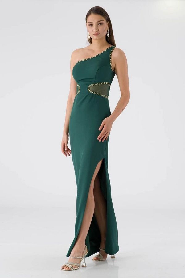 Bluewhite-One Shoulder Tulle Detailed Long Hohny Evening Dress 1