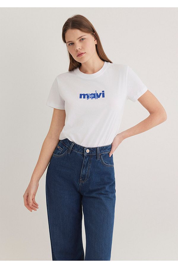 Mavi-Weißes T-Shirt mit Katzenmuster, normale Passform/normale Passform 1613287 -620 1