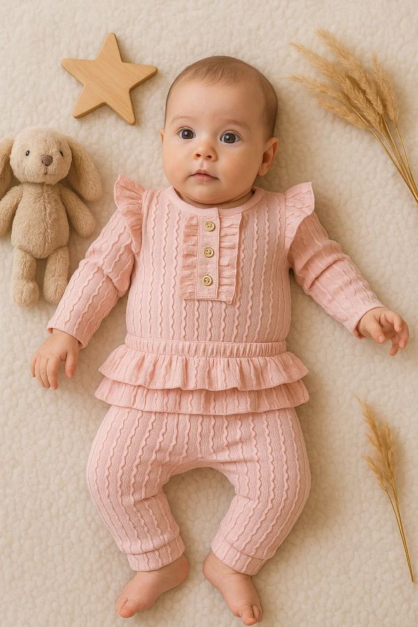 Babydonat-طقم مكون من قطعتين للفتيات الصغيرات - 100% قطن، تفاصيل رباط وكشكشة 1