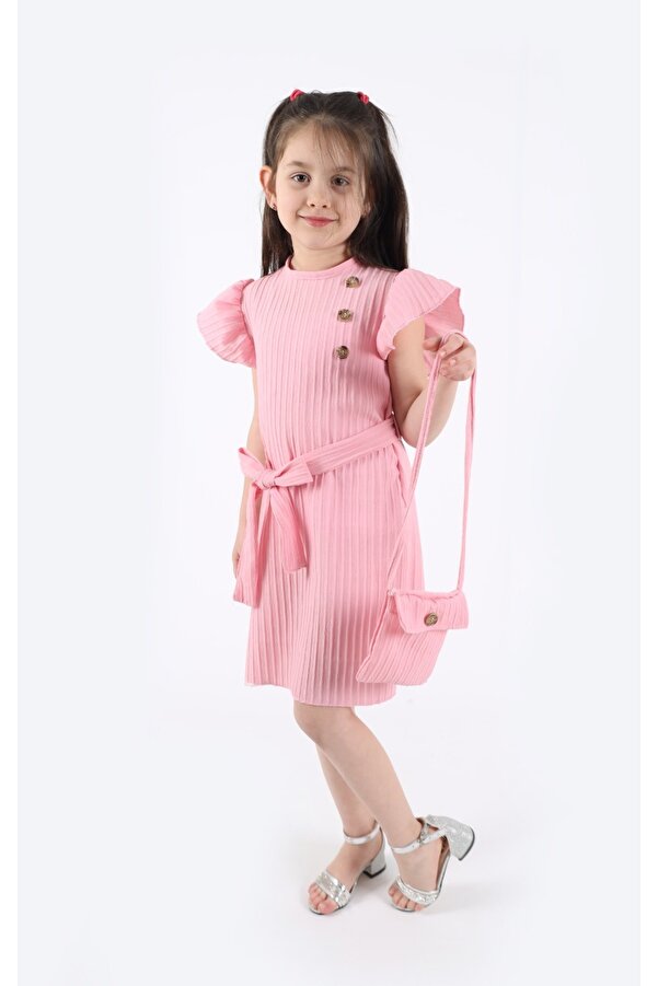 aden kids Kız Çocuk Pembe Fırfırlı Elbise Ve Çanta Seti