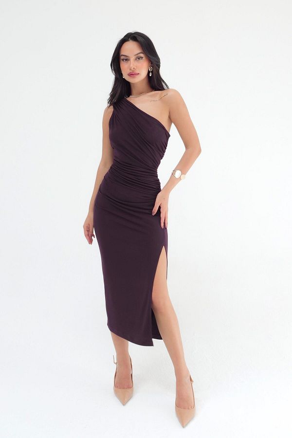 STANVİA-Rochie Midi Drapată pe un umăr Violet 1