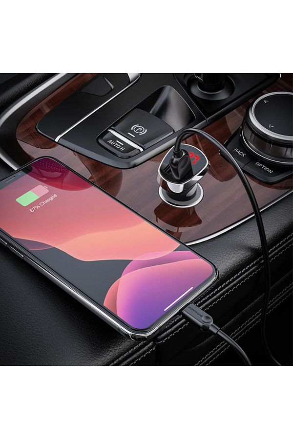 Borofone-Încărcător auto dual USB LED cu cablu Lightning pentru iPhone / Android / Huawei 2.4 A - Negru 1