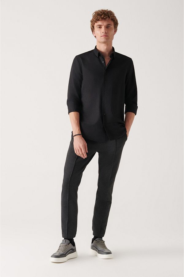 Avva-Men's Black Half Elastic Trousers A22Y3040 1