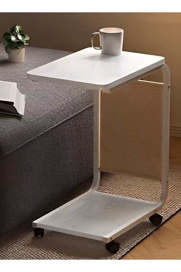 Taimi-C-shaped Side Table With Wheels And Storage Bag, Modern Design Coffee Table, 45x30x63cm - White 1