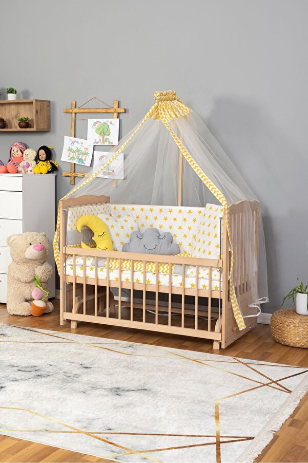 Bamgidoo Doğal Ahşap Beşik Anne Bebek Beşik Organik (BOYASIZ) 60x120 - Sarı Yıldız Uyku Seti Yatak