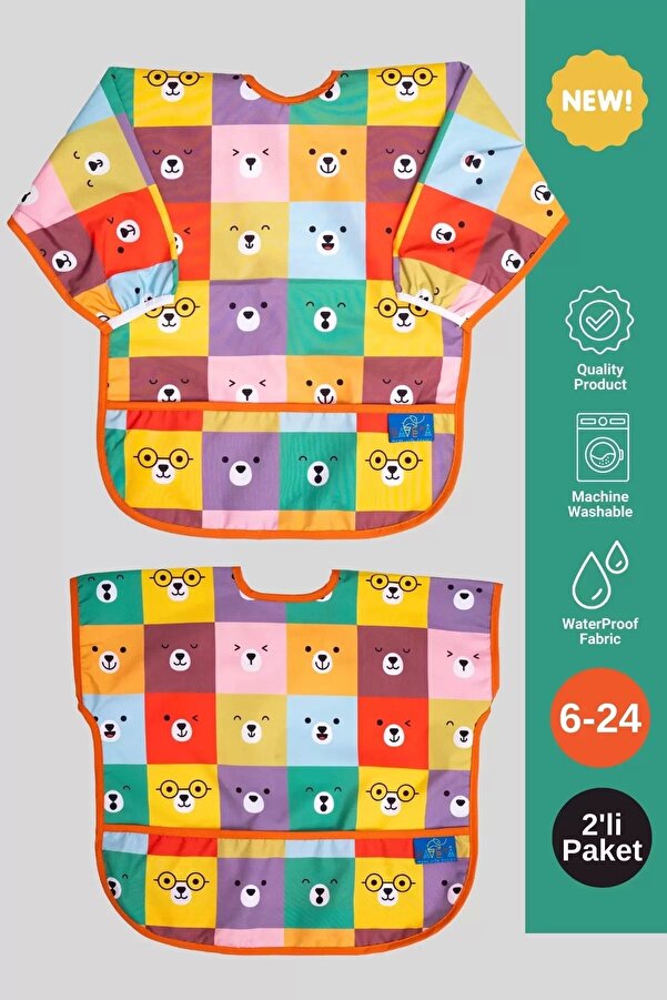ANP MODA TASARIM Yeni Trend Sıvı Geçirmez 2’Li Set Mama-Aktivite Önlüğü Renkli Ayılar 6-24 Ay