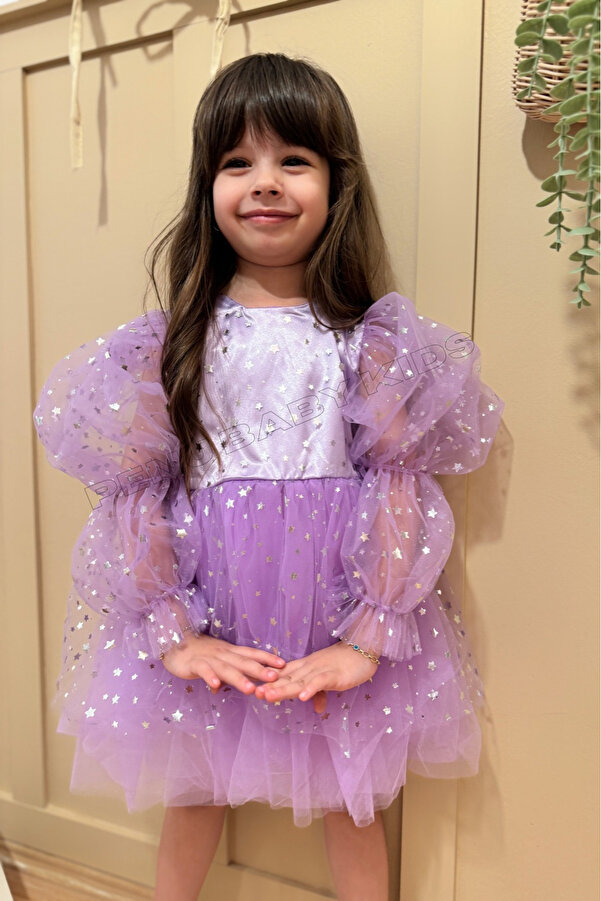 penu baby kids Lila Balon Kol Yıldızlı Tül Uzun Kol Kız Çocuk Elbise
