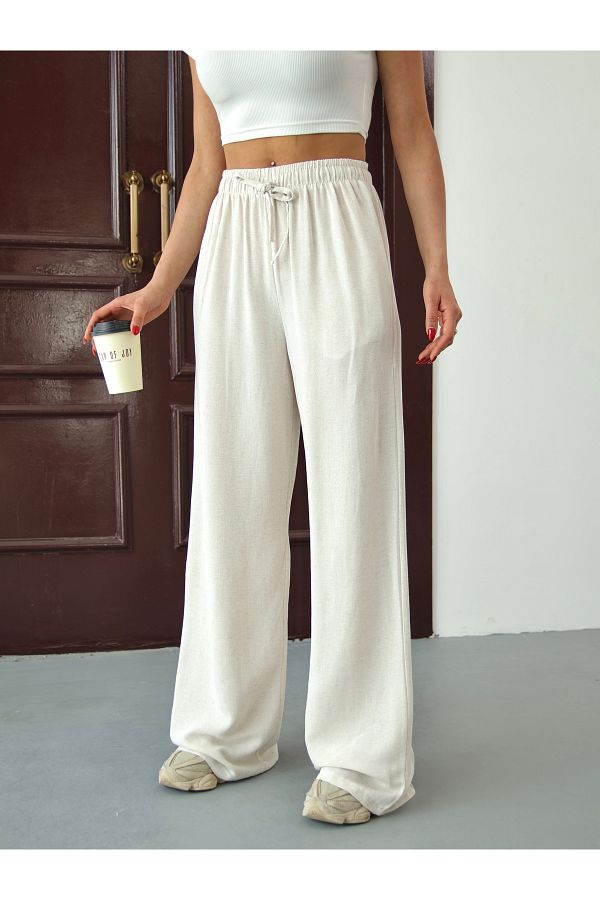 alanora-Pantaloni de in pentru femei cu talie înaltă, cu picioare late, cu talie elastică 1