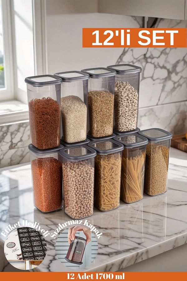 LiderGlobal-12 Pieces of 24 Pieces Labeled 1750 Ml. Leakproof Lid Square Food Storage Container Set 1