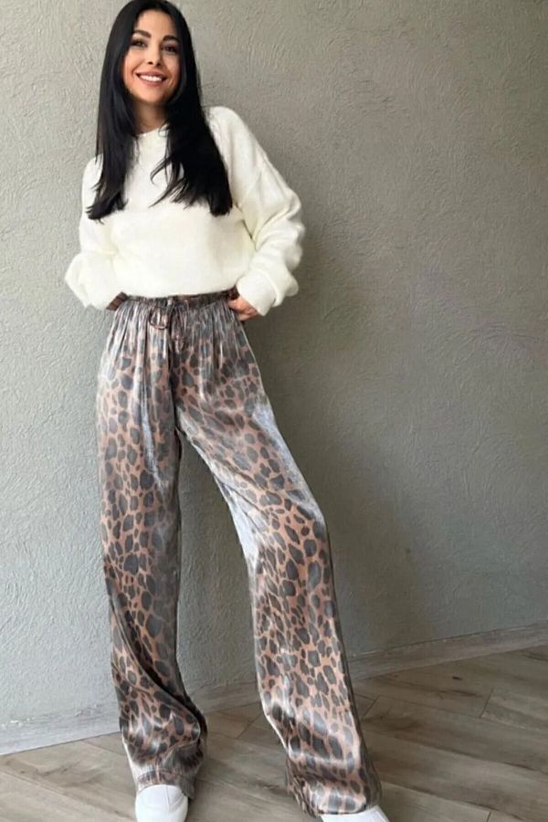 Funda Özbek-Brown Leopard Print Full Flexible Trousers with Elastic Waist 1