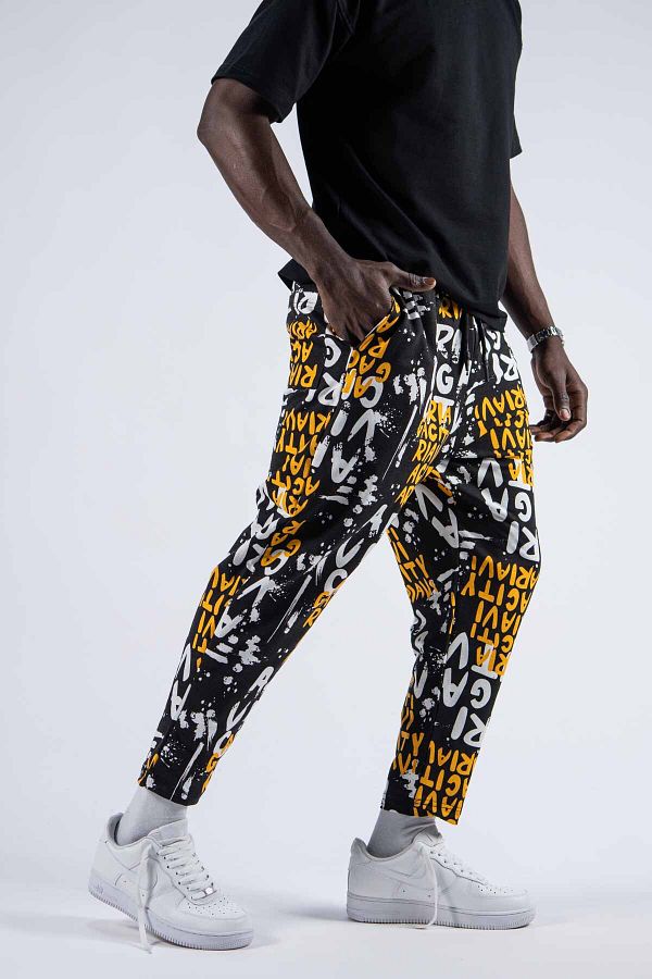 SUPERBLUE-Men's Patterned Loose Yellow Trousers with Elastic Waist 1