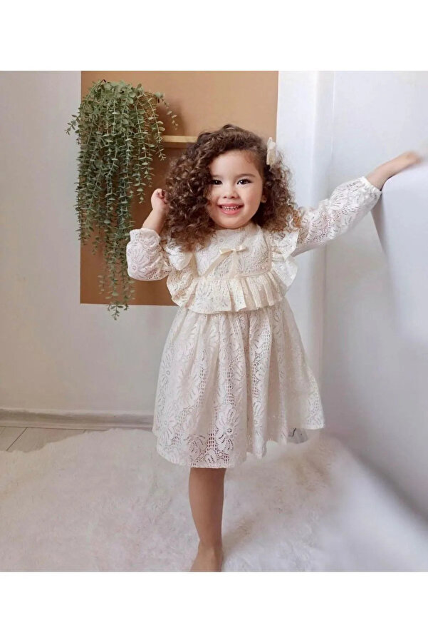 Little Coco Baby Girl Child Cream Color Robadan Ruffle Dress- Trendyol