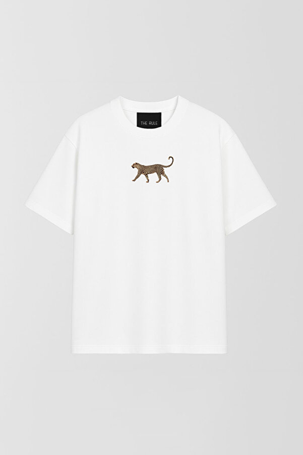 Kadın Leopar Baskılı Oversize %100 Pamuk Geniş Kesim Yumuşak Dokulu Bisiklet Yaka T-Shirt RF0515