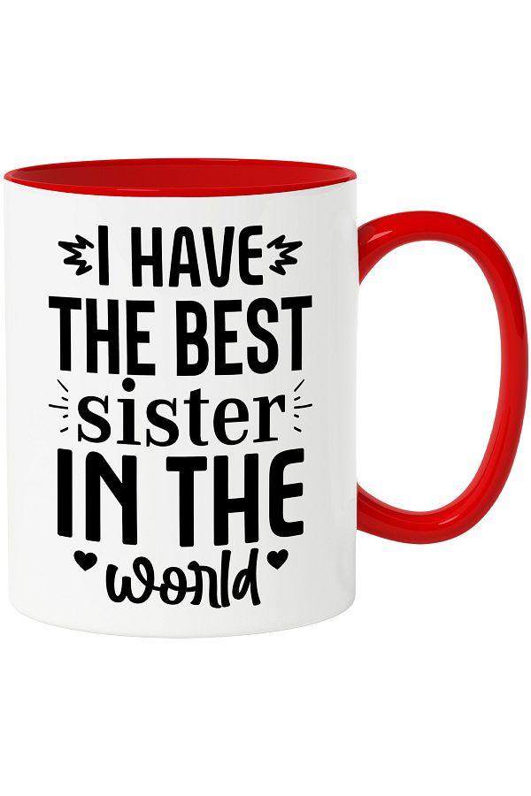StoryGift Romania-Heart-shaped mug with the message "I have the best sister in the world" with Red Handle, With Red Handle STG 1