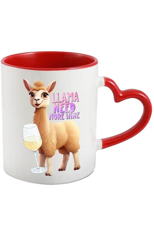 StoryGift Romania-Mug with llama and a glass of wine with the message "Llama need more wine", more v, With STG Heart Handle 1