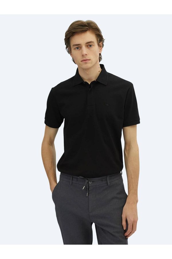 Kip-Black Plain Polo Neck 100% Cotton T-Shirt 1