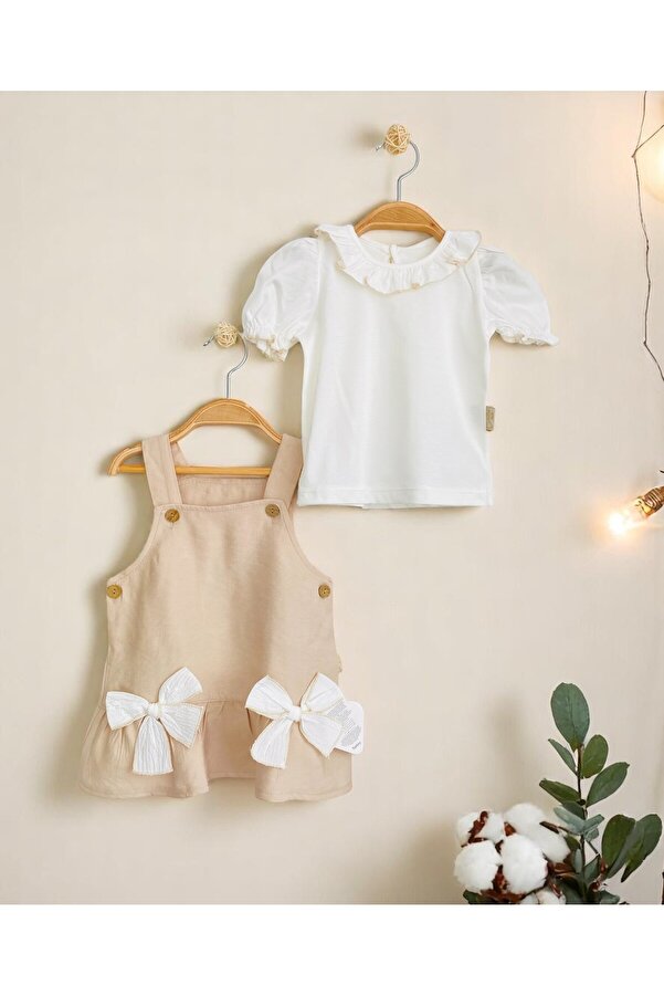 çilek bebe Kız Bebek %100 Pamuklu Kurdele Detaylı Badili İkili Set Elbise