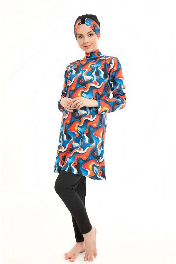 tusem butik homewear-Women's Full Hijab Black Orange Patterned Quick Drying Long Sleeve Tights Bonneted Swimsuit 1