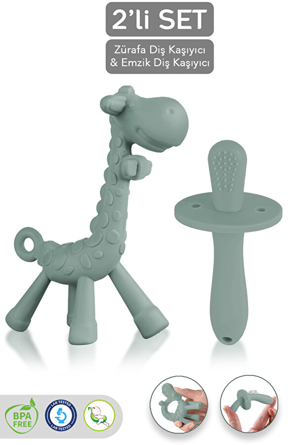 Meleni Baby 2'li Bebek Diş Kaşıyıcı Seti - Silikon Diş Kaşıma Emziği Silikon Zürafa Oyuncak Dişlik Yeşil