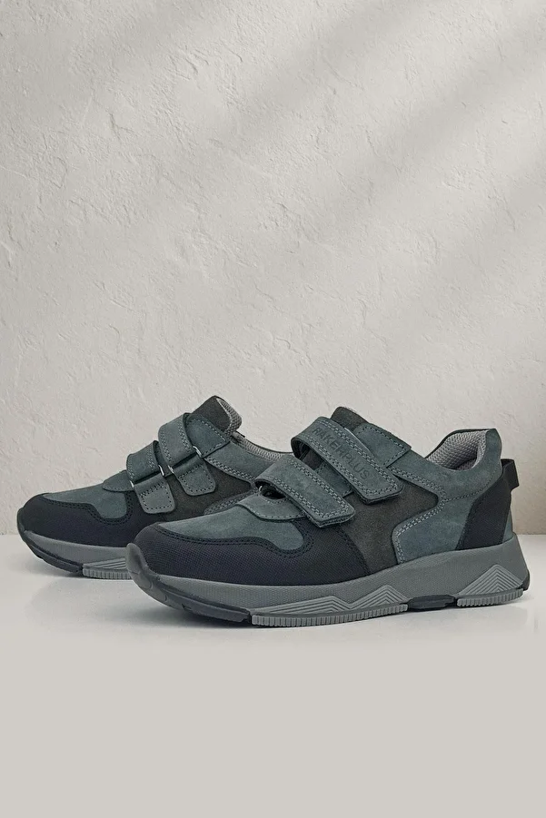 Rakerplus-Dark Gray and Black KidsSneakers- Genuine Leather, Velcro Sneakers 1