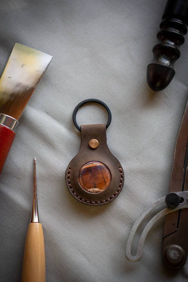 minimal X design-Pouch Keychain Chestnut - Real Leather Handmade - Minimalist Design 1
