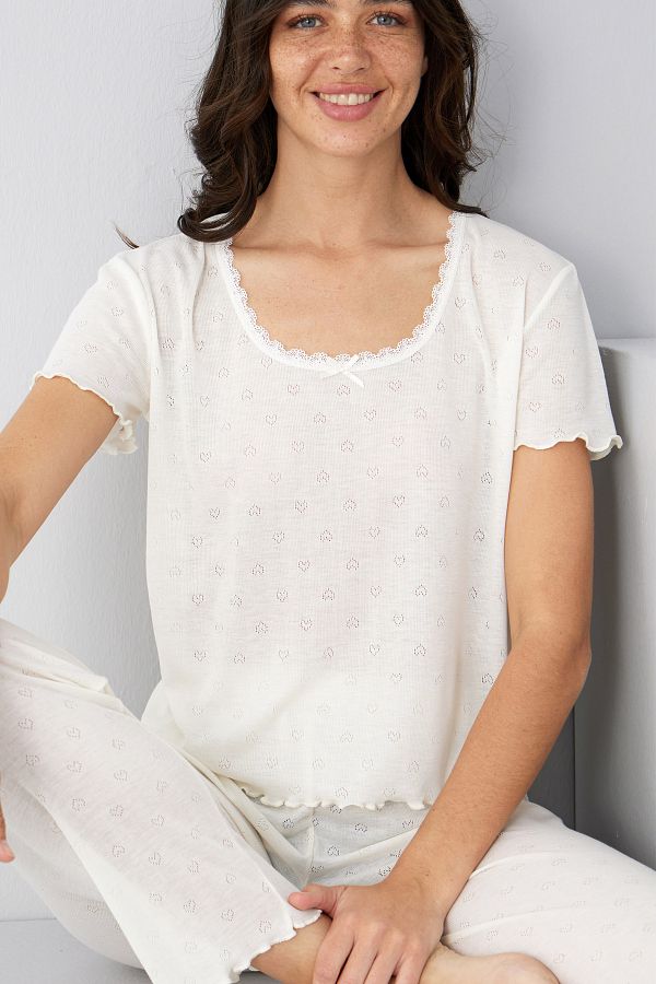 Siyah İnci-Ecru Pointel Openwork/Perforated Knitted Pajama Set7893 1