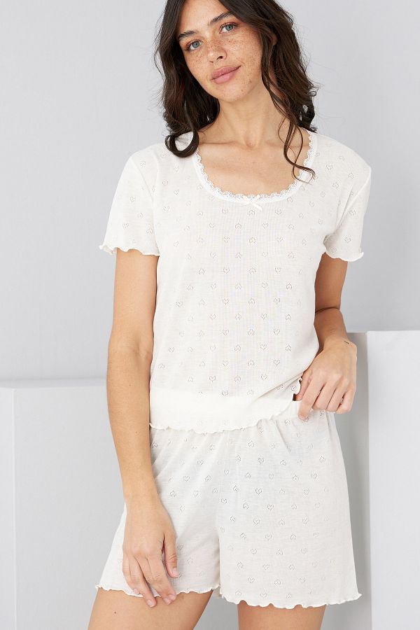 Siyah İnci-Ecru Pointel Openwork/Perforated Knitted Shorts Set7892 1