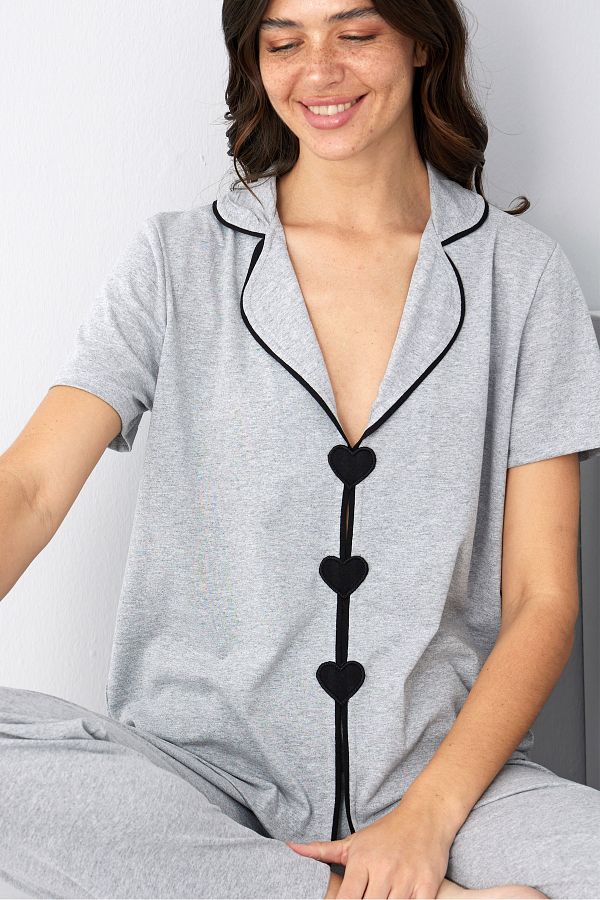 Siyah İnci-Gray Heart Piping Detailed Knitted Pajama Set7891 1