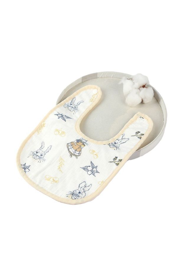 Flippy-Bavetă Bebe Forma De U, Bumbac, 0–12 Luni, Impermeabilă, Capse, Model Iepuraș, 21x30cm, Bej 1