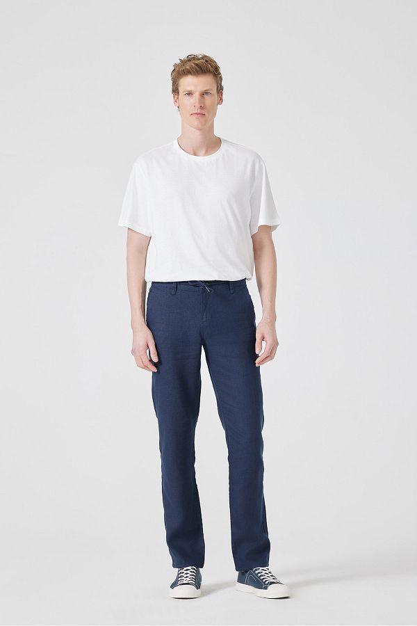 muzzo jeans-Dark Navy Blue 100% Linen Trousers with Elastic Waist 1