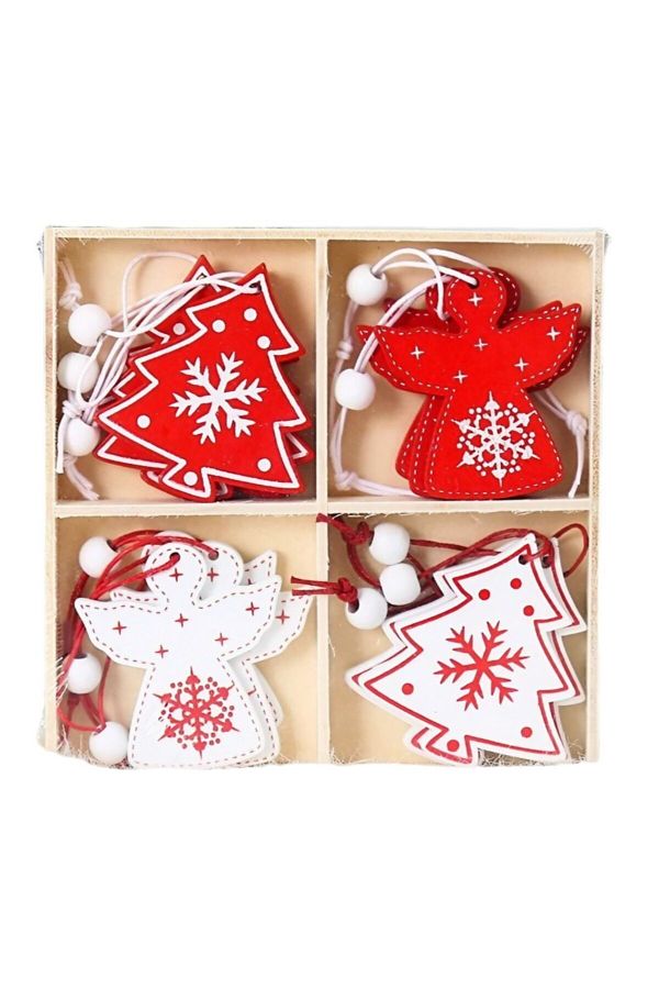 OEM-Set of 12 Wooden Christmas Decorations, with String for Hanging on the Tree, Fir Tree Pattern 1