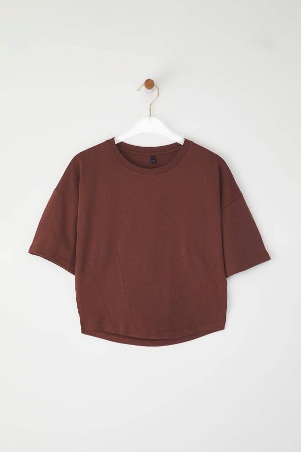 Trendyol Collection-Καφέ Crop κανονικό πλεκτό T-shirt TEDSS24TS00008 1